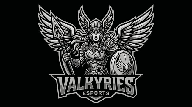 Powerful female warrior with wings, armor, spear, and shield, stylized emblem for gaming or esport team mascot