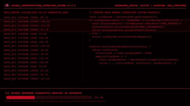 Red Global Infrastructure Operating System Terminal Displaying Server Node Statistics Code And Hardware Diagnostic Mapping Progress HUD Background.