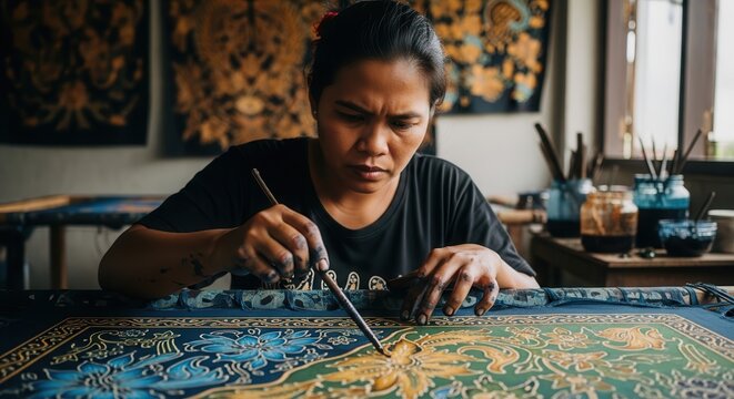Indonesian Artisan Creating Traditional Batik Textile Art in Workshop.