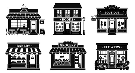 Shops, stores and venues icon collection, Set of detailed vintage store front facades featuring a cafe bookshop clothing boutique bakery grocery and flower shop © Uttham
