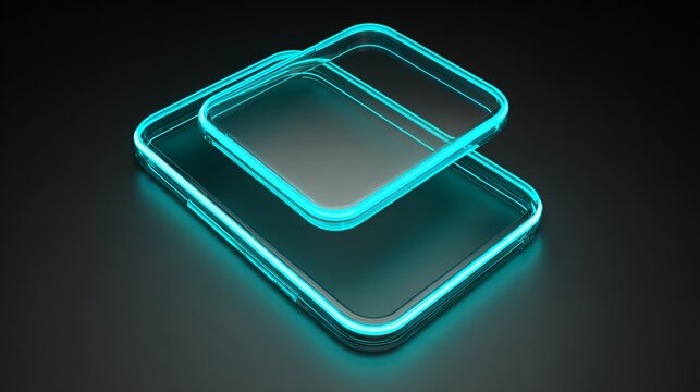 Floating neon cyan glassmorphism UI cards, glowing translucent rounded rectangles on dark background for futuristic tech design.