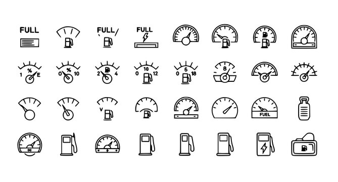 Linear fuel gauge icon collection with gas meter and automotive dashboard symbols vector illustration