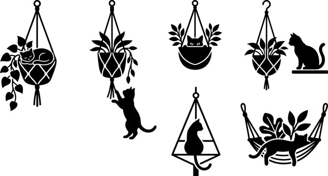 Creative vector set featuring playful black silhouettes of cats interacting with macrame hanging plants and indoor greenery in various home lifestyle poses now.