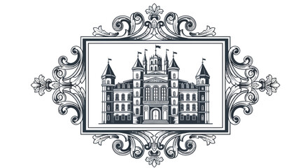 Ornate Decorative Frame Surrounding Vintage Castle Illustration © imam