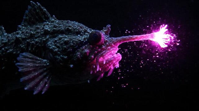 A mesmerizing deep-sea anglerfish illuminates the abyss with its glowing bioluminescent lure, a vibrant beacon in the dark ocean depths, captivating and mysterious