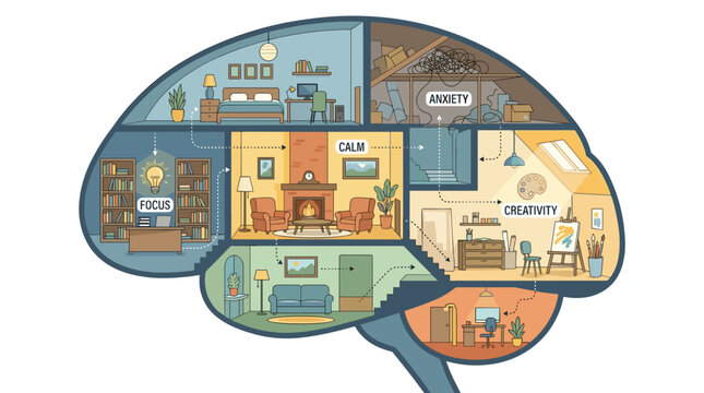 An illustrated cross-section of a human brain reveals compartmentalized areas representing distinct cognitive functions: focus, calm, creativity, anxiety, and relaxation.