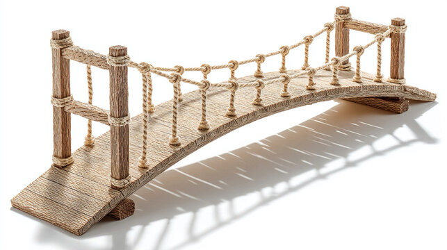 Tiny bridge hovering mid-air casting long shadow isolated on white background, symbolizing challenge, guidance, planning, opportunity, connection, progress, and conceptual metaphor