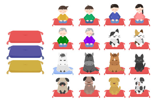 座布団に座りながらお辞儀をする人と動物のセット