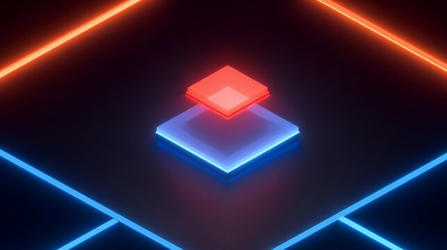 Isometric glowing microchip processor and neon circuit lines on dark background, futuristic quantum computing technology