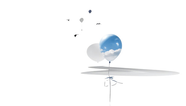 White and sky-blue balloons floating on a white surface with soft shadows, conveying a sense of lightness and celebration