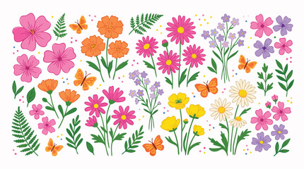 Colorful Spring Wildflowers Butterflies and Botanical Leaves Hand Drawn Flat Illustration Set © Amirul
