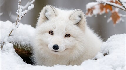 Adorable Arctic Fox Peeking Out from Snow in Winter Wonderland
