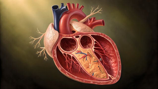 Anatomical illustration of a human heart with pacemaker device implanted