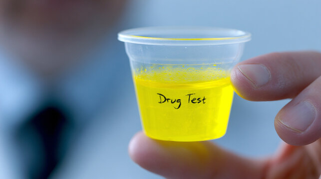 Laboratory medical professional holding plastic cup with yellow urine sample drug test
