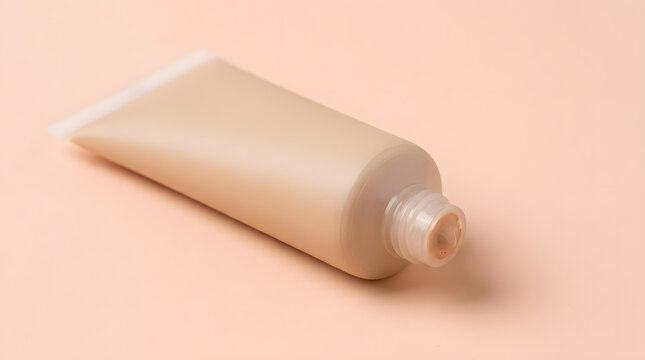 Uncapped beige cosmetic tube, ideal for foundation or BB cream, resting on a soft peach background, highlighting essential beauty and skincare product packaging