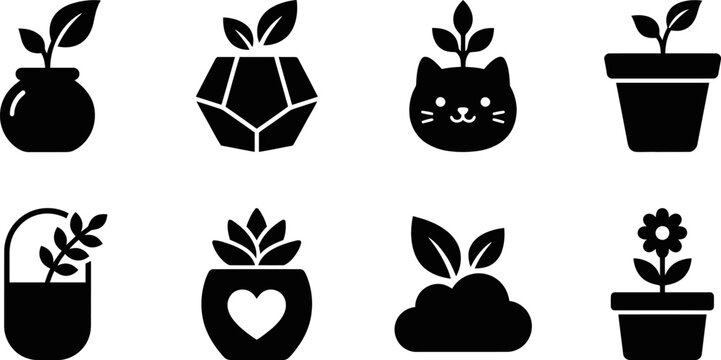 Minimalist icon set of potted plants and leaves in various geometric ceramic containers for modern home decor interior design nature themed illustration vector assets.