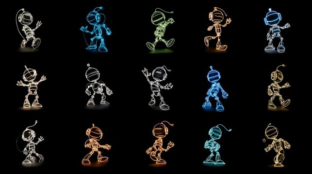 Transparent background, isolated, glowing neon wireframe robots in various dynamic poses on dark, futuristic artificial intelligence