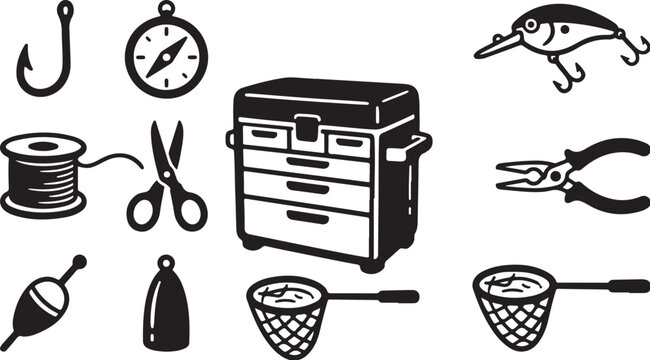 Fishing tools and equipment illustration set in black