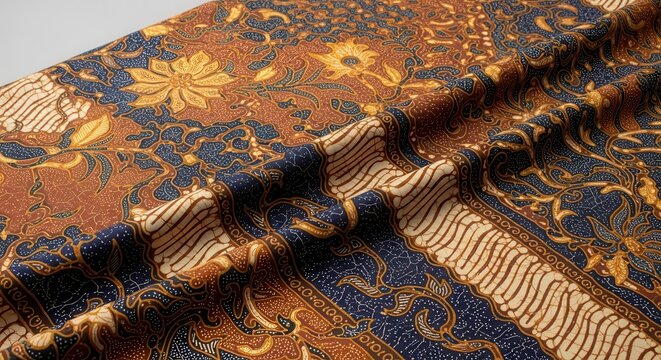 Intricate Batik Fabric with Floral and Geometric Patterns in Warm Tones.