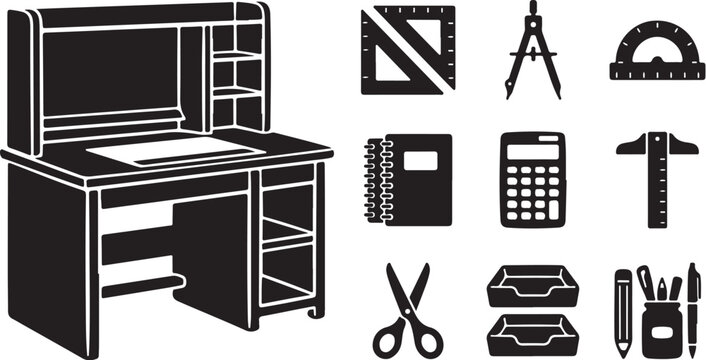 Office Desk with Stationery and Tools Illustration