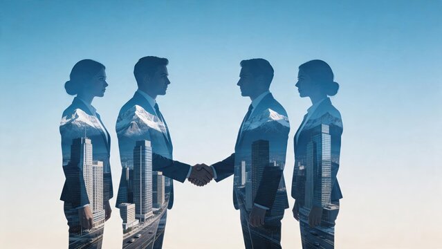 Double exposure of business people shaking hands merged with city skyline and mountains, symbolizing corporate partnership agreement and urban development collaboration concept