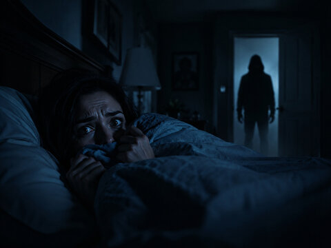 A scared woman cowering in bed, staring in terror at a dark silhouette in a bedroom doorway, cinematic horror scene.