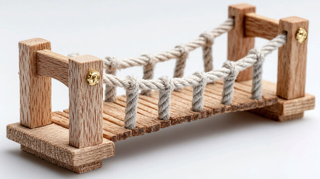 Tiny bridge spanning two blocks isolated on white background, symbolizing connection concept, guidance, planning, opportunity, progress, link, challenge, and conceptual metaphor