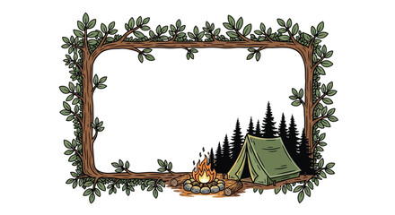 Campfire Frame with Tent and Forest Trees, Nature Border Illustration © eko