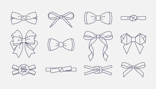 Decorative ribbon bows vector illustration set featuring various elegant gift wrapping knots and festive elements