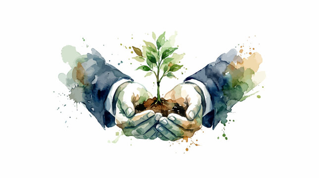 Hands in business suit nurturing a small green plant sapling
