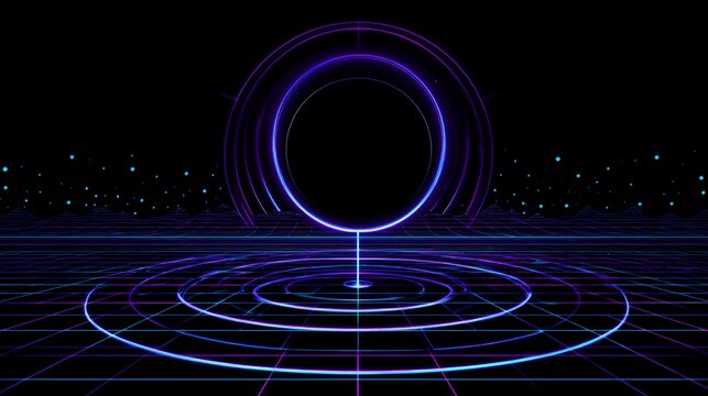Transparent background, isolated, retro synthwave glowing neon grid landscape with mysterious dark portal ring and starry space sky