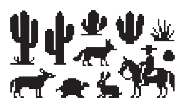 Pixel art set with western desert scenery featuring cactus horse rider and animals vector.