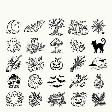 Autumn and Halloween doodles vector set. Hand-drawn collection of cozy fall elements, pumpkins, leaves, ghosts, bats, owl, and forest creatures.