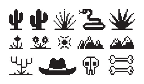 Pixel art desert collection including cactus plants, snake, agave, bushes, mountains, skull, bones.