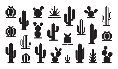 Pixel art cactus varieties in multiple styles for desert themed graphic design projects. © MDABDUR