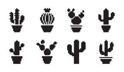 Small pixel cactus icons in pots set for game development and retro digital graphics project. © MDABDUR