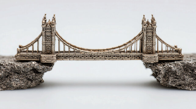 Tiny bridge spanning two blocks isolated on white background, symbolizing connection concept, guidance, planning, opportunity, progress, link, challenge, and conceptual metaphor