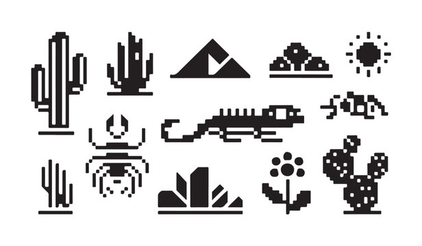 Collection of pixel art icons representing desert elements sun lizard cacti and mountains.