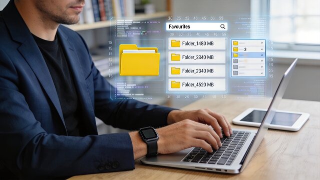 Businessman typing on laptop with holographic file folder interface, futuristic data storage and digital document organization concept in modern office workspace environment.