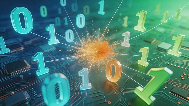 Abstract binary code numbers zero and one floating over electronic circuit board, representing big data processing, digital information flow and computer technology network