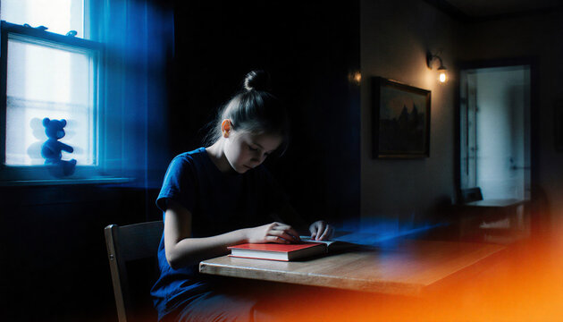 Girl reading book in dimly lit study with window teddy bear