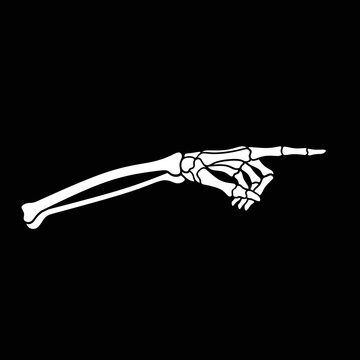Skull hand pointing finger black and white image,skull hand pointing direction gesture on black background,hand skeleton pointing finger vector, skeleton hand pointing finger gesture icon