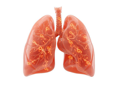 Human lungs oxygenation process with glowing O2 molecules, 3D medical illustration isolated on black background