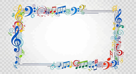 Colorful music notes border frame with treble clefs and staffs © yanti