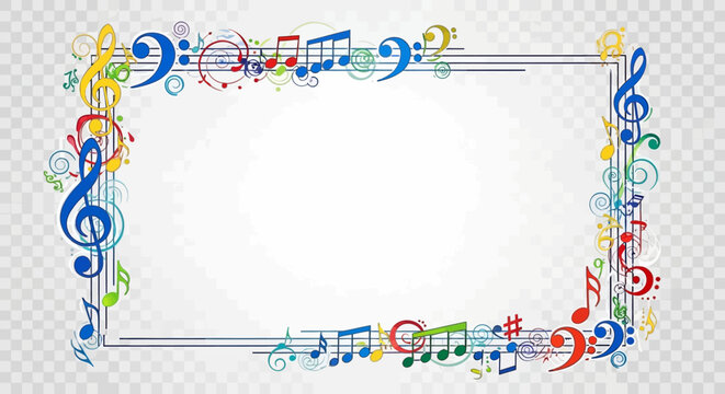 Colorful music notes border frame with treble clefs and staffs