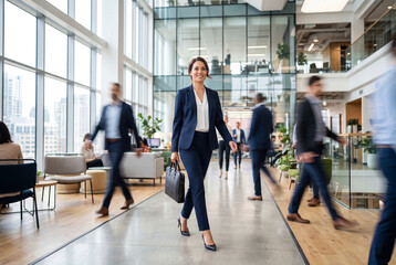 Fototapeta premium Smiling businesswoman walking in modern office lobby