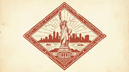Iconic statue of liberty illustration with cityscape and decorative frame © Remb