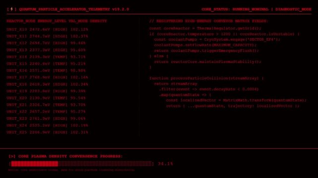 Futuristic Red Science Fiction Computer Code Terminal Interface On Black Background With Quantum Reactor Diagnostic Data.