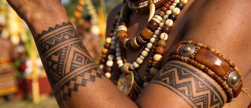 Dayak tribal tattoos and traditional bead necklace at a cultural festival