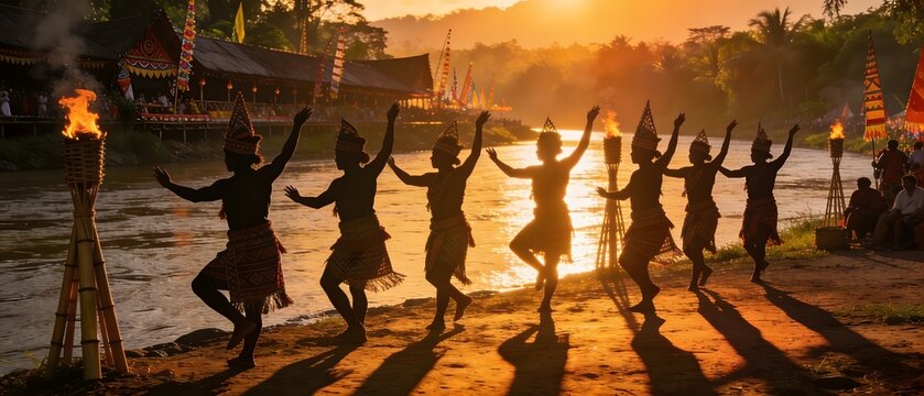 Indigenous Dayak people performing traditional tribal dance at sunset in Sarawak